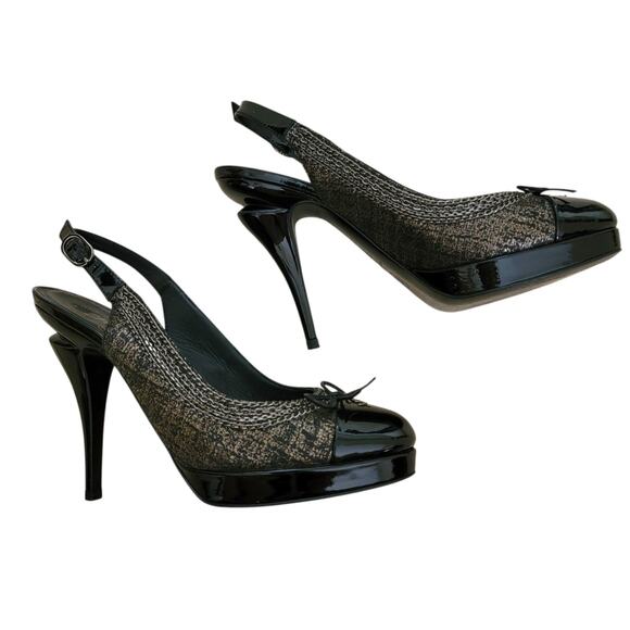 Chanel Vintage Platform Slingback Cap Toe Heels Logo CC Bow Leather 7 37.5 G2677 - Picture 8 of 14